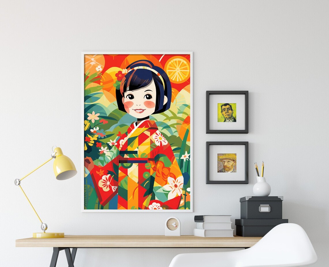 Japanese Girl in Colorful Kimono Tropical Flowers Illustration Poster - Image 4