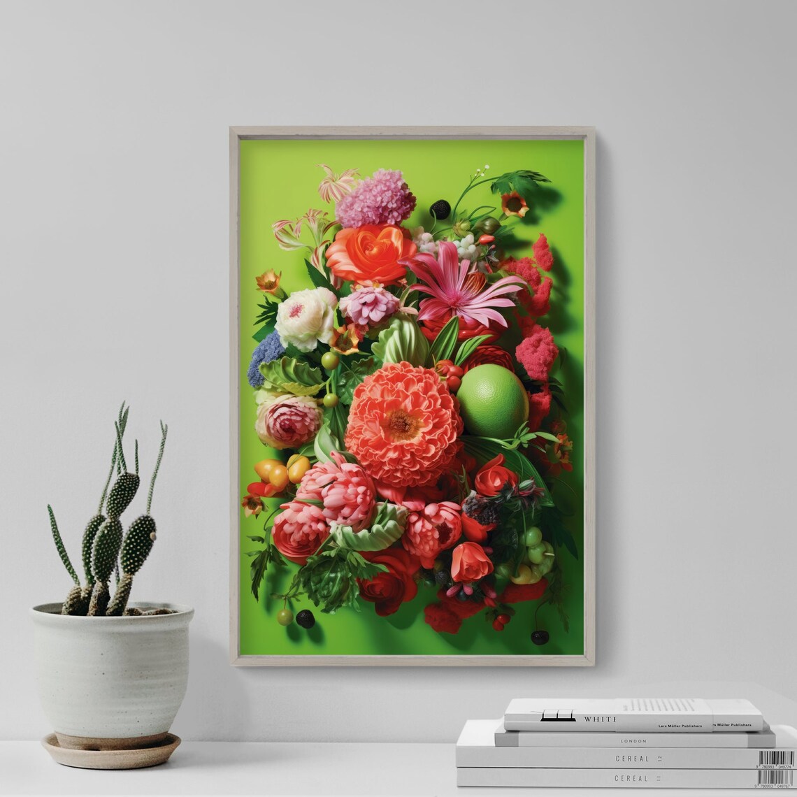 Pink Flower Bouquet Pop Art Bright Green Background Floral Poster