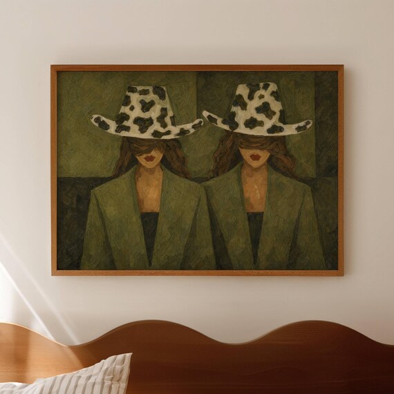 2 Western Cowgirl With Cowboy Hat Oil Painting Print Horizontal Contemporary Khaki Wall Art Handdrawn Textured Modern Ranch Poster