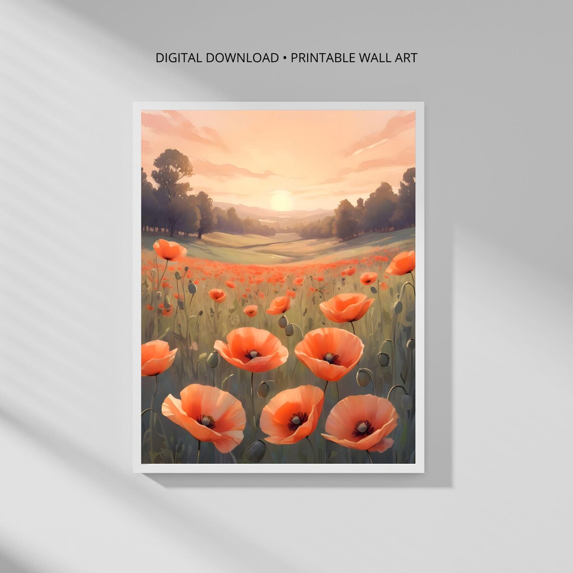 Golden Hour Poppy Meadow Sunrise Rolling Hills Landscape Art Poster