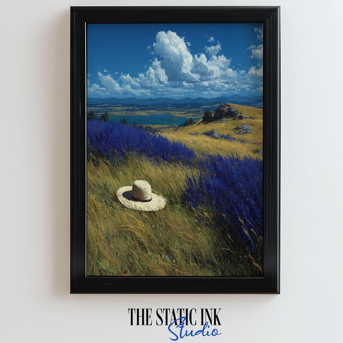 Straw Hat Resting on Golden Hills Among Blue Wildflowers Poster