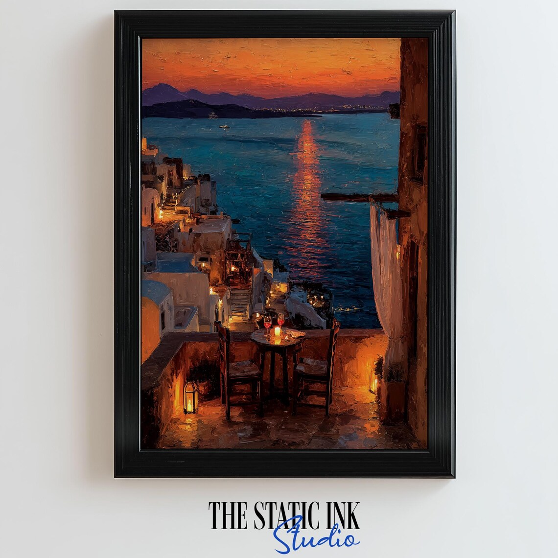 Romantic Santorini Balcony Dinner At Sunset Over The Sea Poster