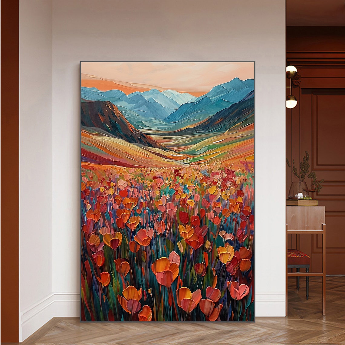 Sunset Glowing Over Red Tulip Fields Before Blue Peaks Poster - Image 5
