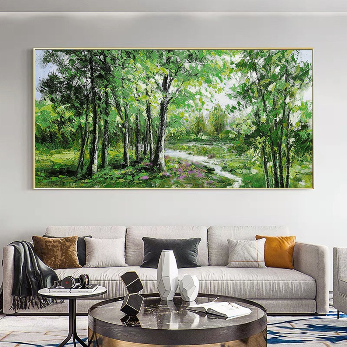 Green Birch Forest Path with Stream Panoramic Oil Painting Art Print - Image 5