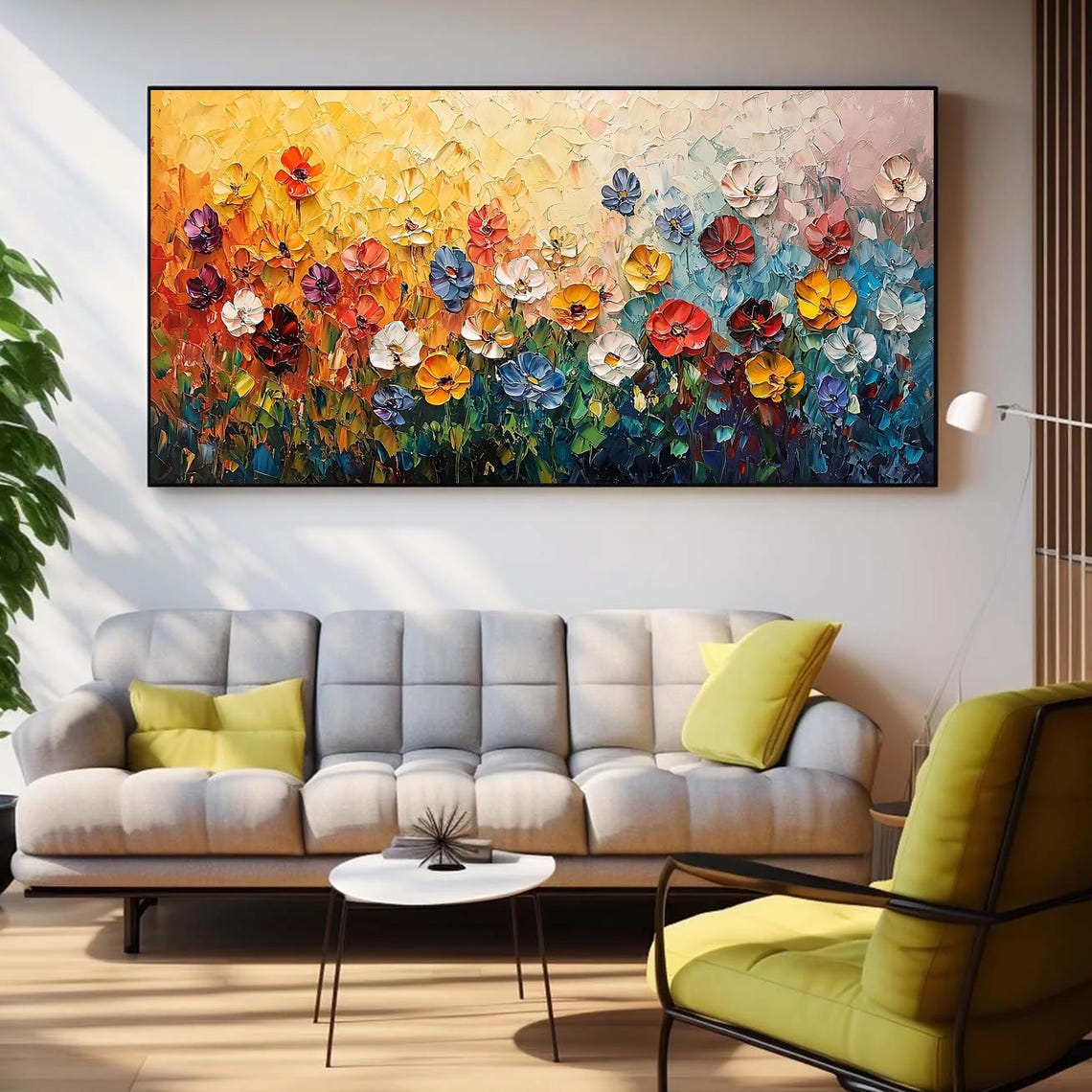 Multicolor Poppy Field Knife Texture Golden Teal Bloom Poster - Image 2