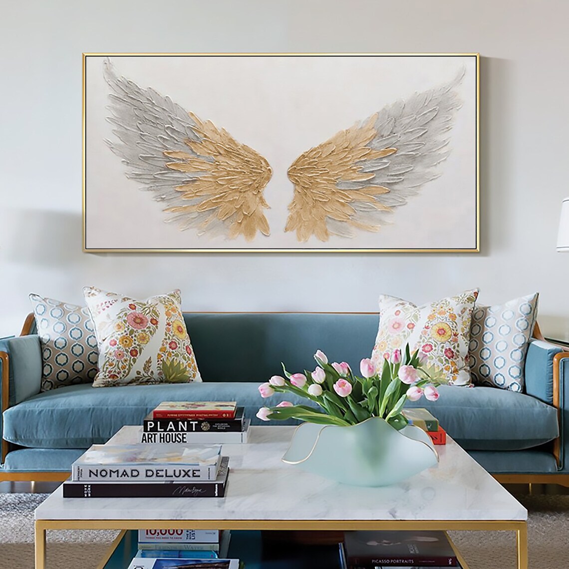 Gold Grey Angel Wings White Minimalist Textured Feather Poster - Image 2
