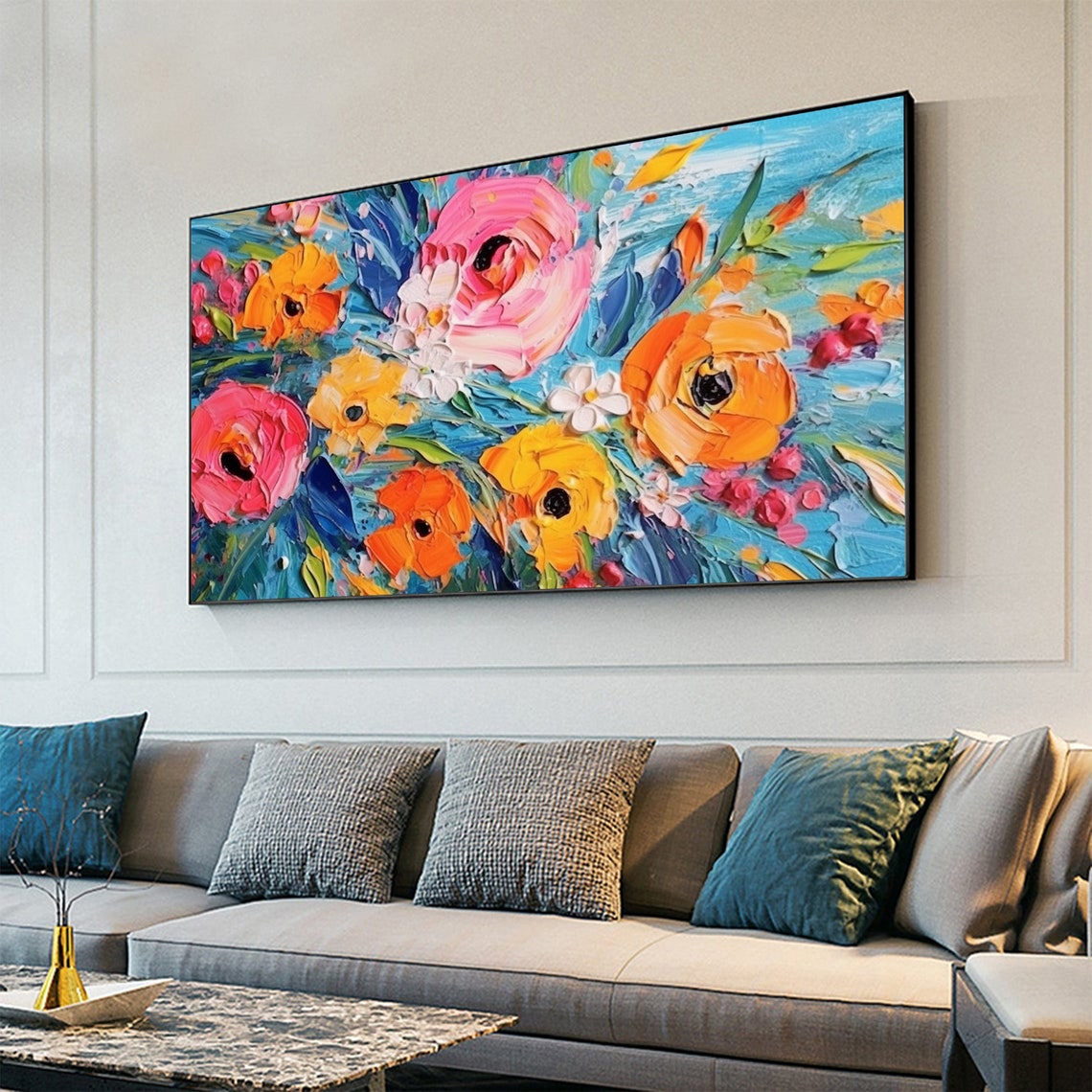 Vivid Impasto Blossoms Dancing Across a Turquoise Canvas Poster - Image 2