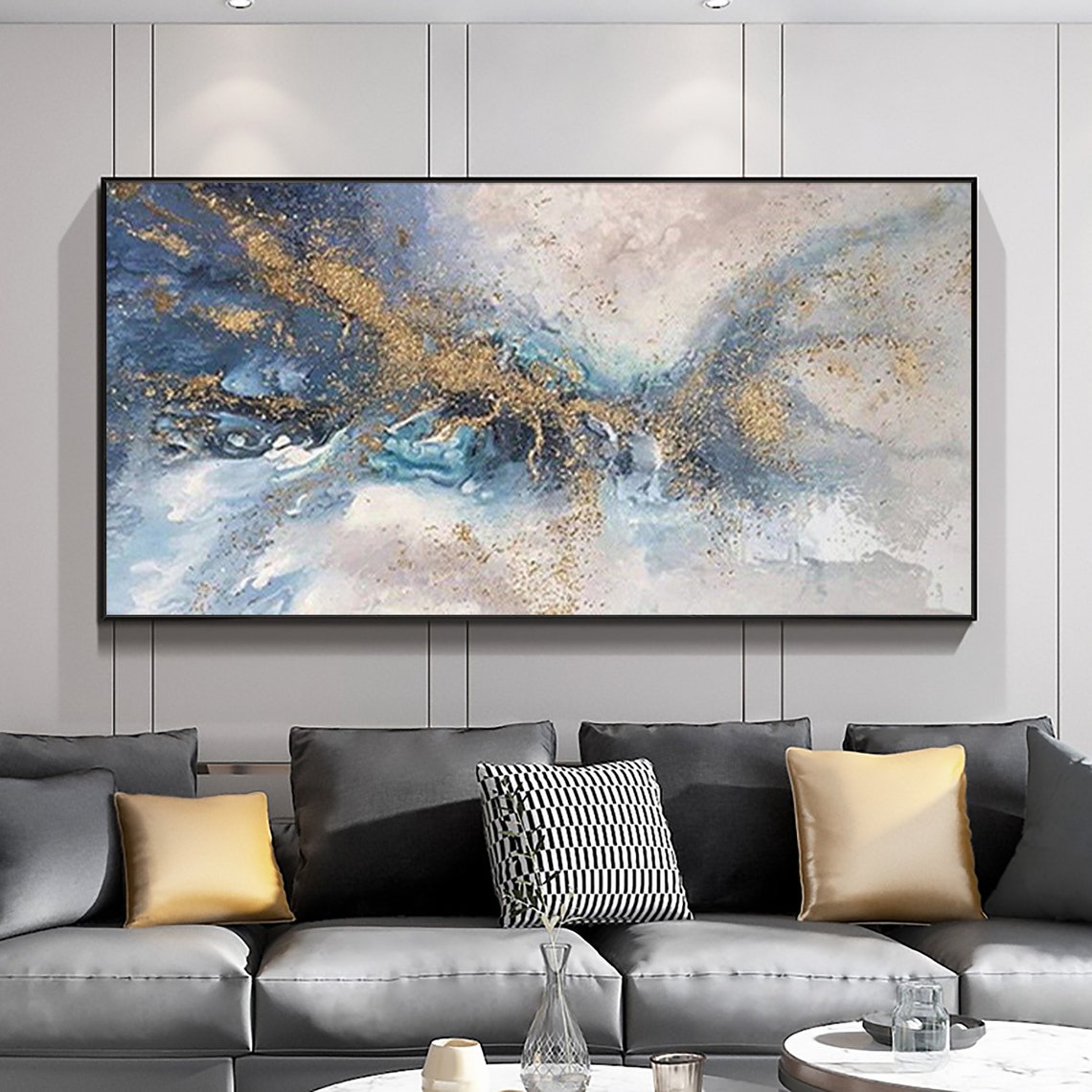 Gold Glitter Waves on Misty Blue Panoramic Oil Painting Art Print - Image 4