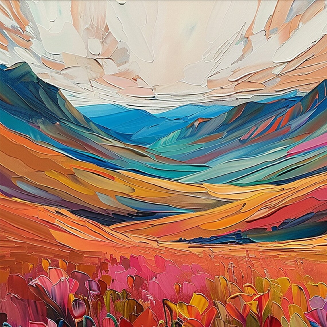 Colorful Mountain Valley Spring Flower Field Fauvist Landscape Poster - Image 3