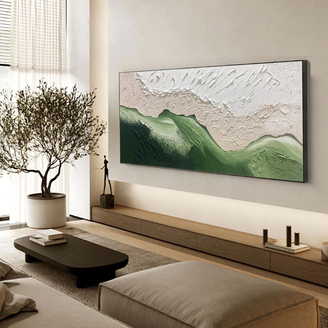 Minimalist Green Wave White Foam Textured Abstract Beach Oil Poster - Image 2