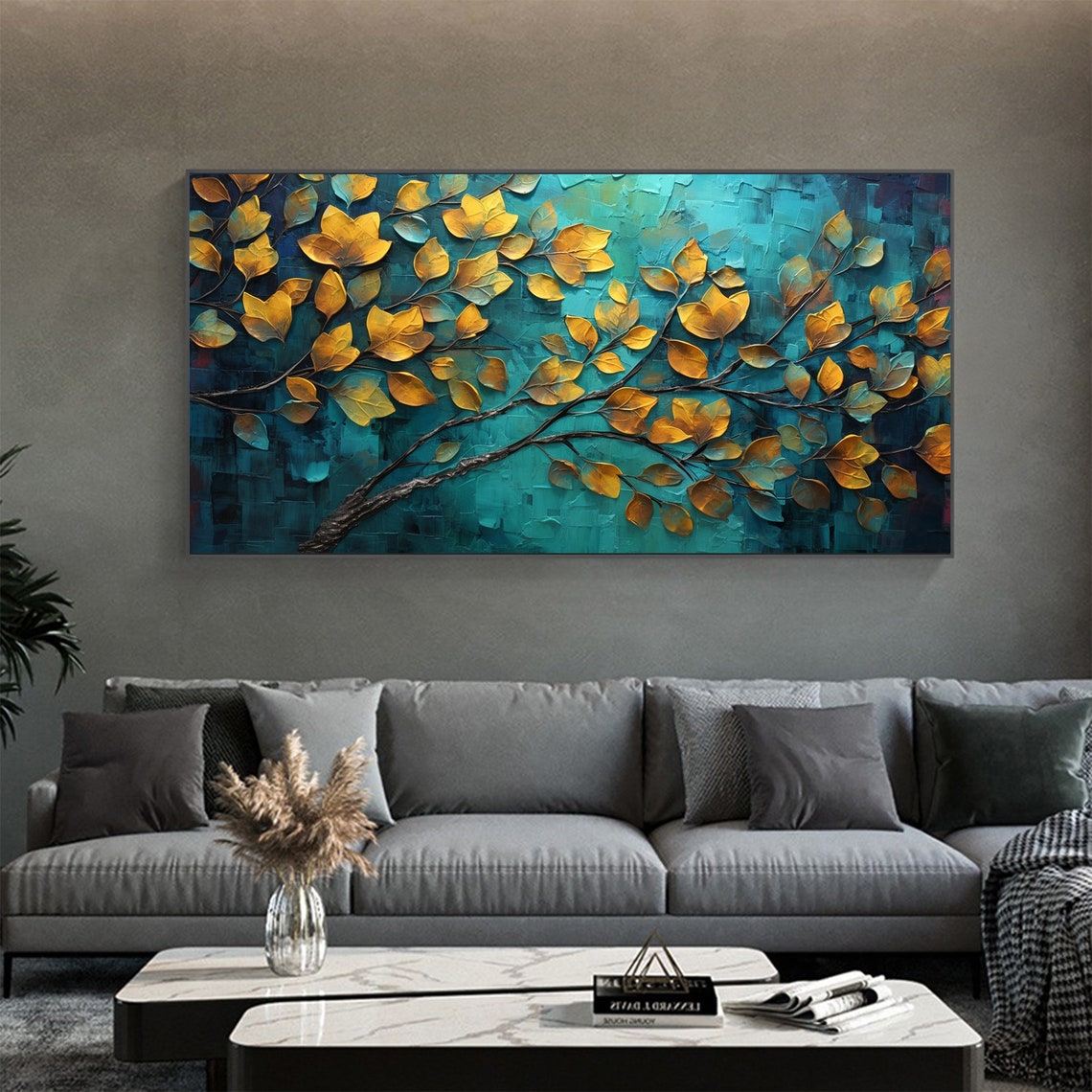 Golden Autumn Leaves Spreading Over Textured Teal Canvas Poster - Image 2