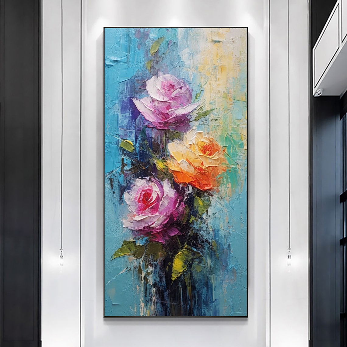 Abstract Pink Orange Roses on Blue Textured Oil Painting Poster - Image 6