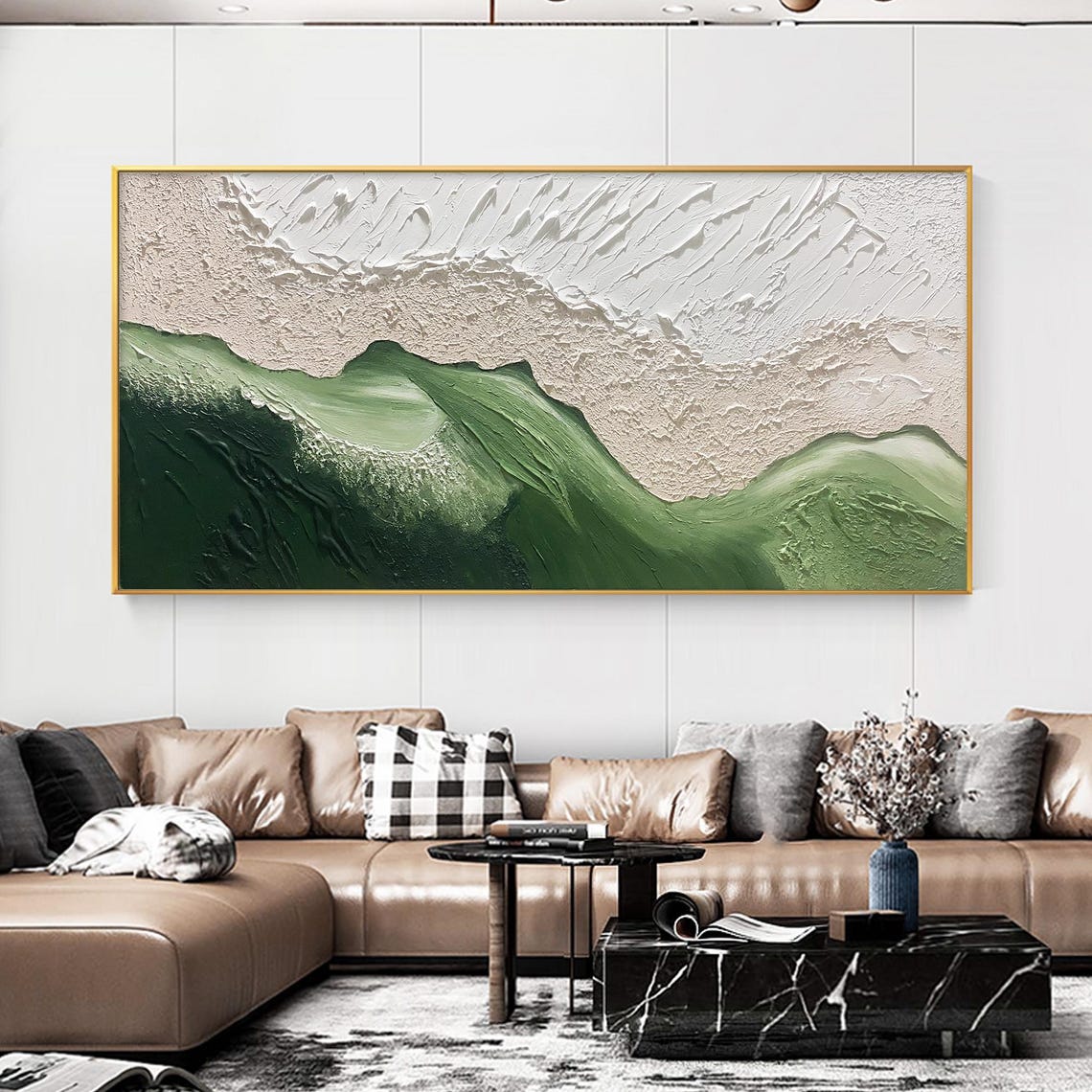 Minimalist Green Wave White Foam Textured Abstract Beach Oil Poster