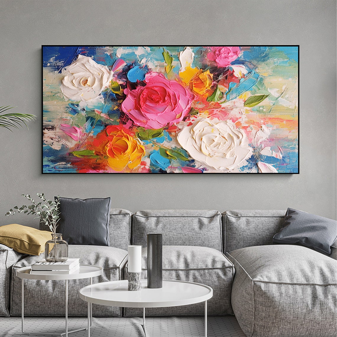 Colorful Roses Impasto on Blue Panoramic Oil Painting Art Print - Image 2