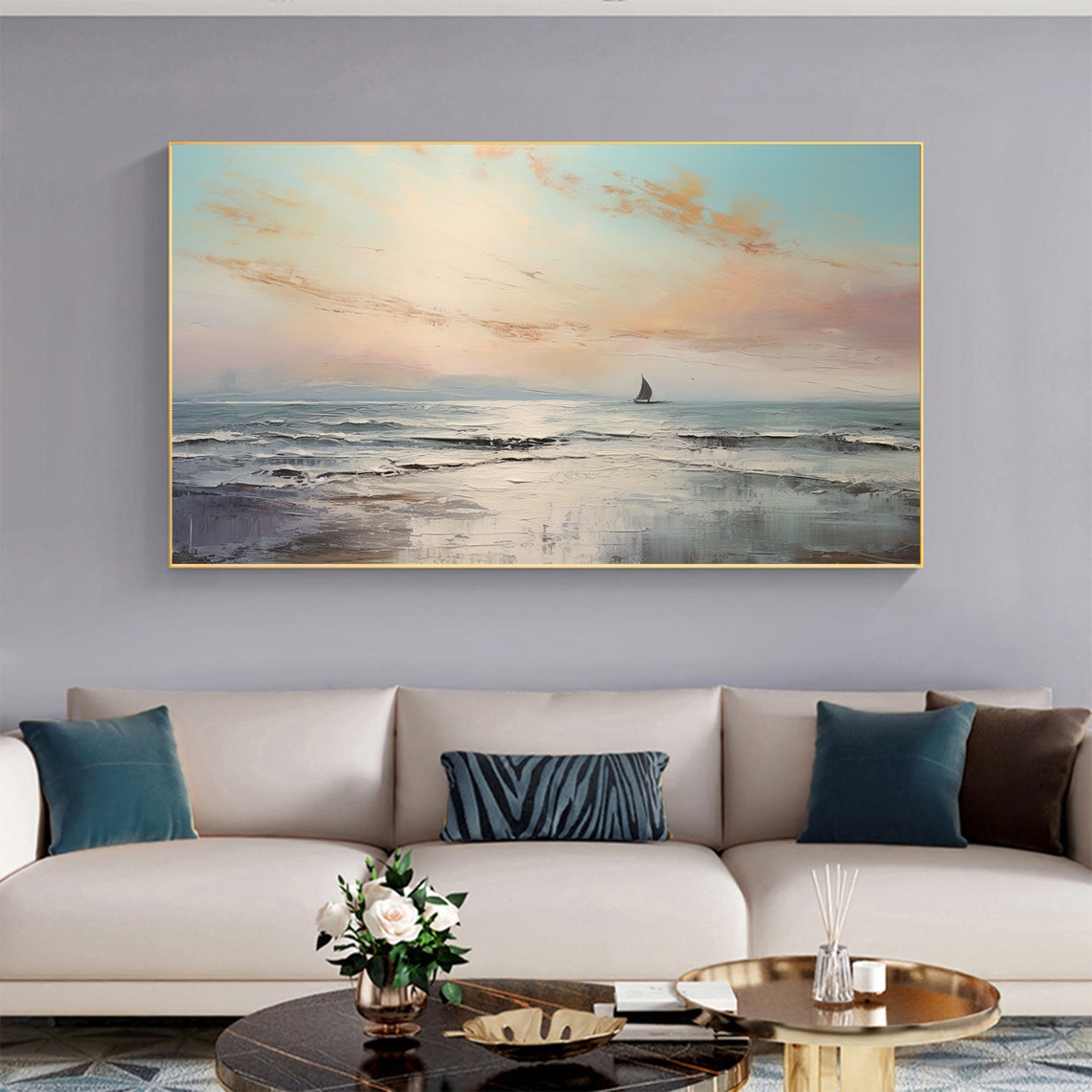 Minimalist Ocean Dawn with Lone Sailboat Calm Seascape Poster - Image 6