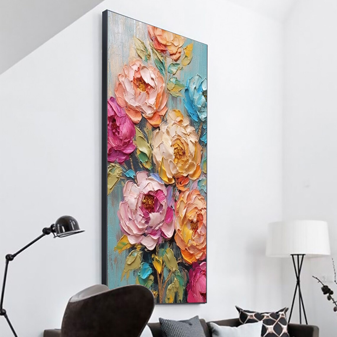 Lush Peony Bouquet Bursting in Pink and Peach on Teal Poster - Image 6