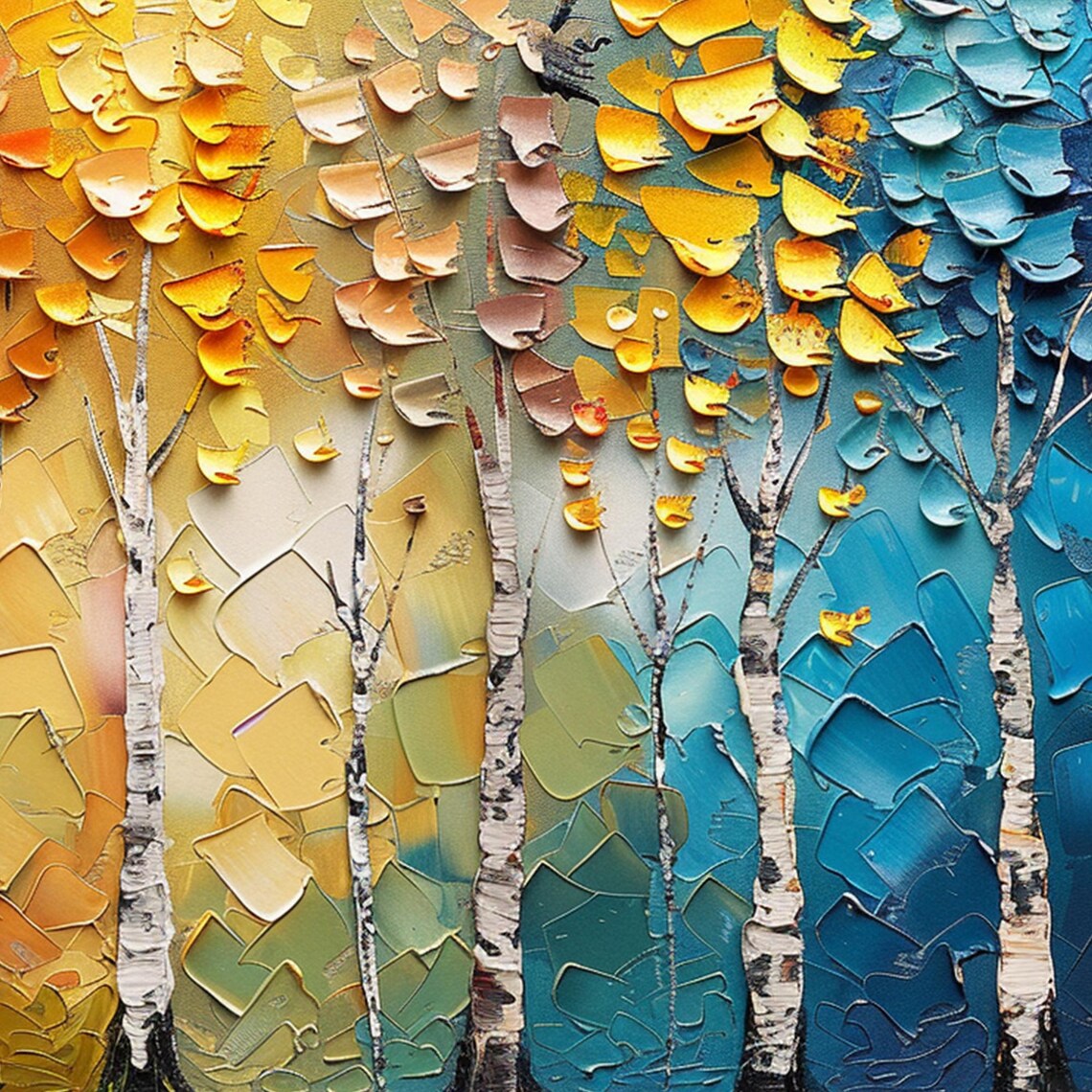 Four Seasons Birch Trees Colorful Leaves Knife Texture Poster - Image 4