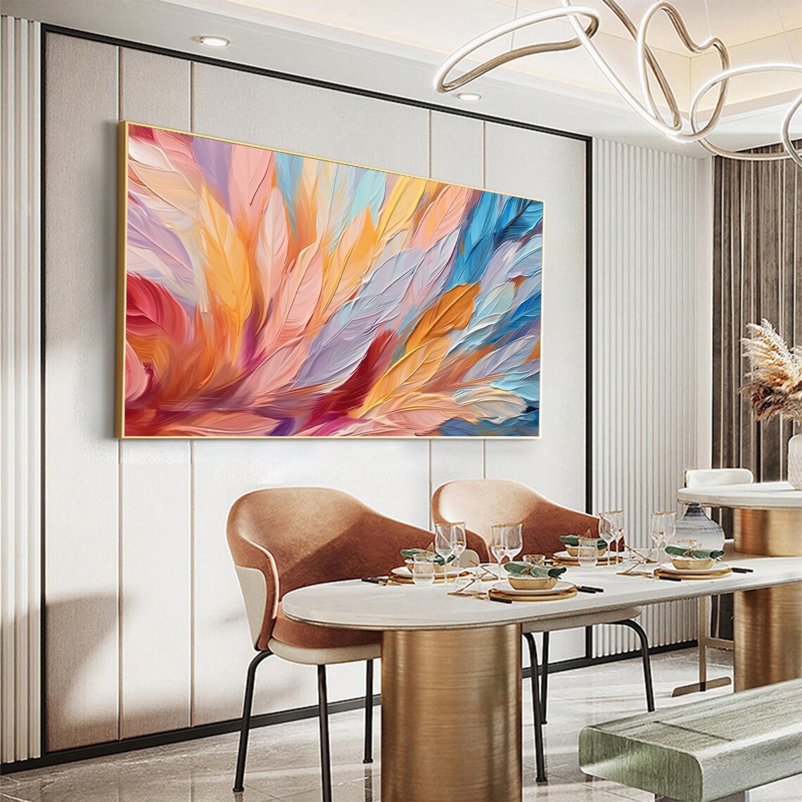 Colorful Feather Gradient Panoramic Oil Painting Modern Art Print - Image 5