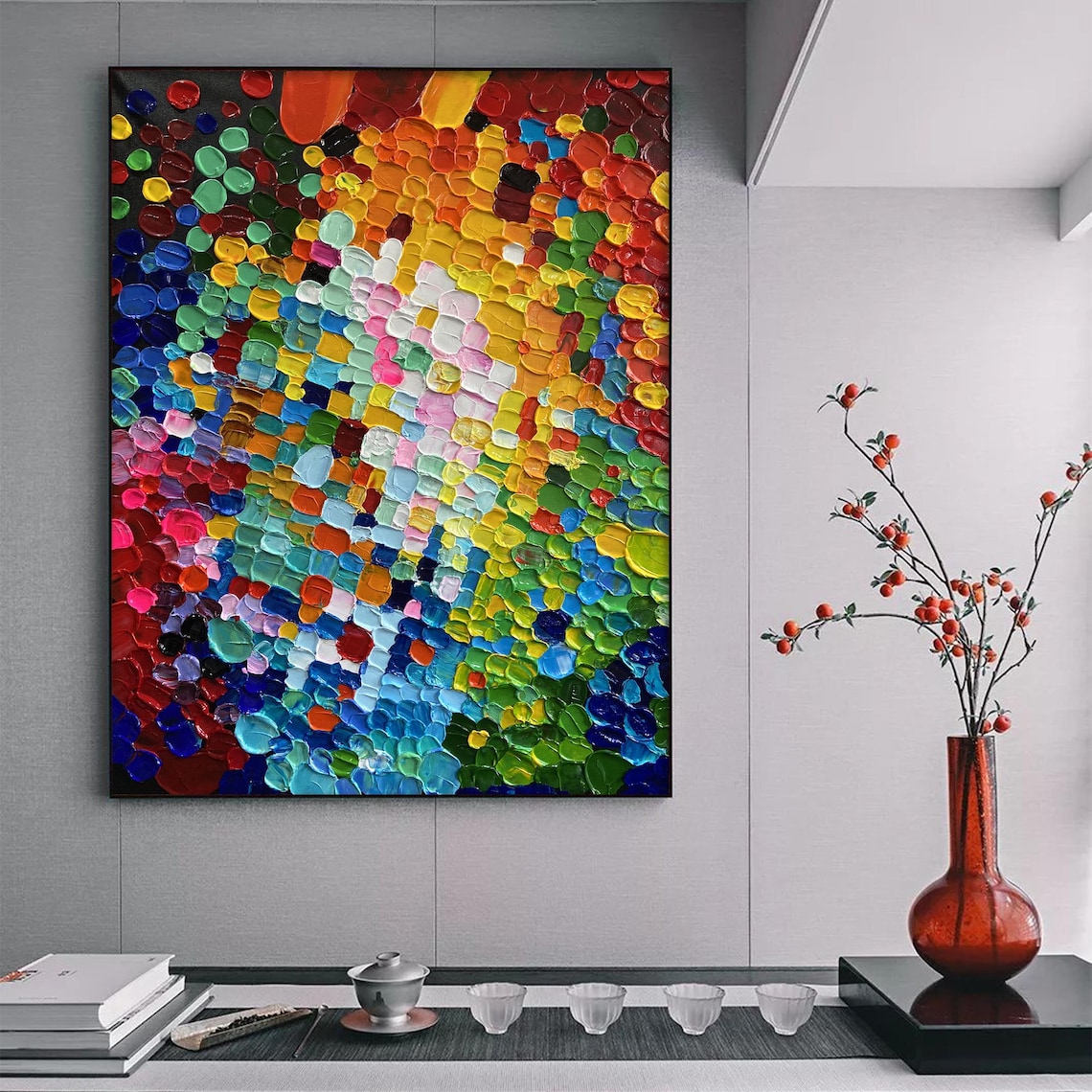 Rainbow Mosaic Color Block Dots Vertical Oil Painting Art Print - Image 3