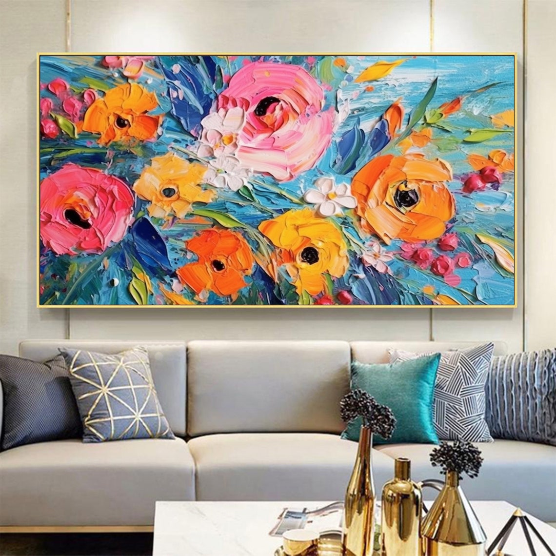 Vivid Impasto Blossoms Dancing Across a Turquoise Canvas Poster - Image 5
