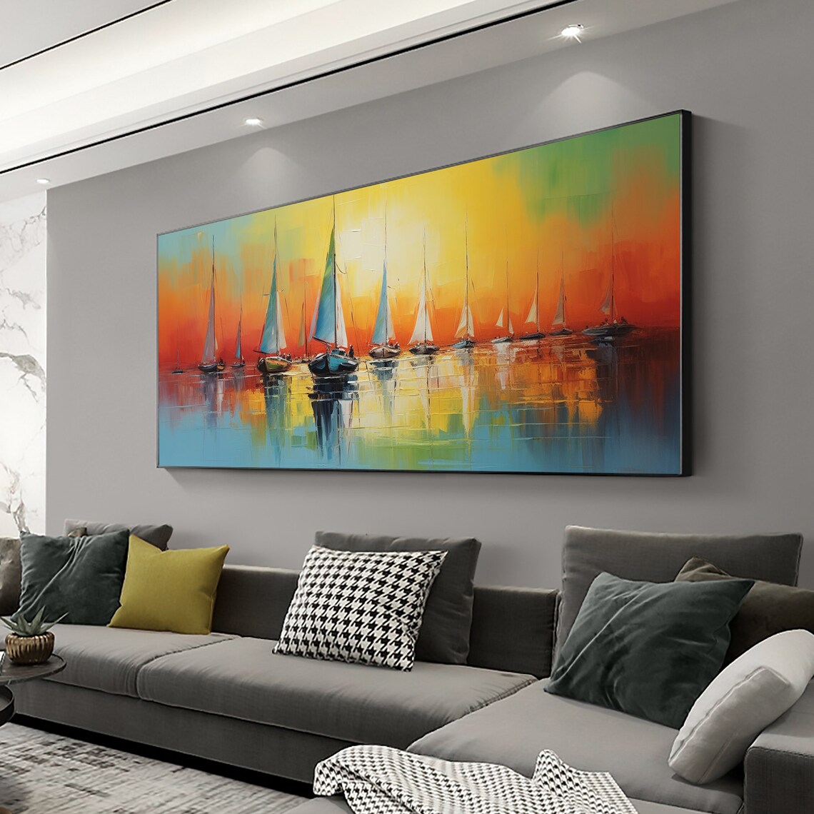 Abstract Sailboats at Sunset Orange Sky Nautical Oil Painting Poster - Image 3
