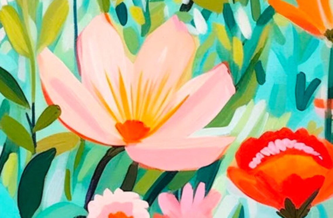 Colorful Wildflower Meadow on Teal Abstract Oil Painting Art Print - Image 2