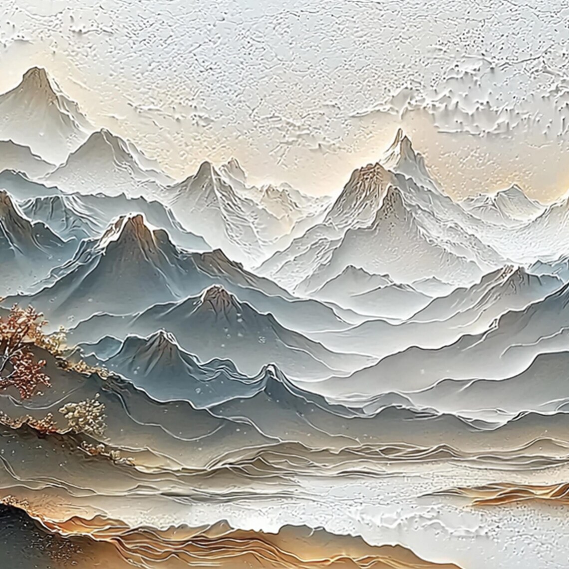 Serene White Relief Mountain Range in East Asian Style Poster - Image 4