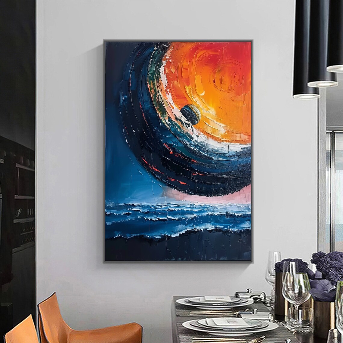 Fiery Planet Rising Over Dark Ocean Vertical Oil Painting Art Print - Image 6