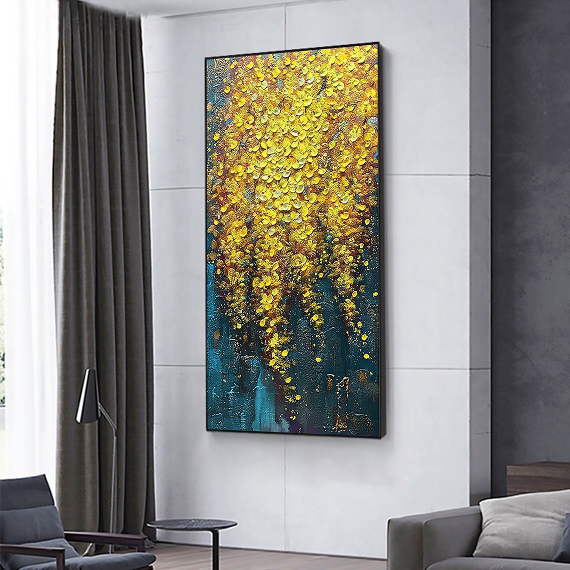 Cascading Golden Wisteria Blossoms Against Deep Teal Canvas Poster - Image 6
