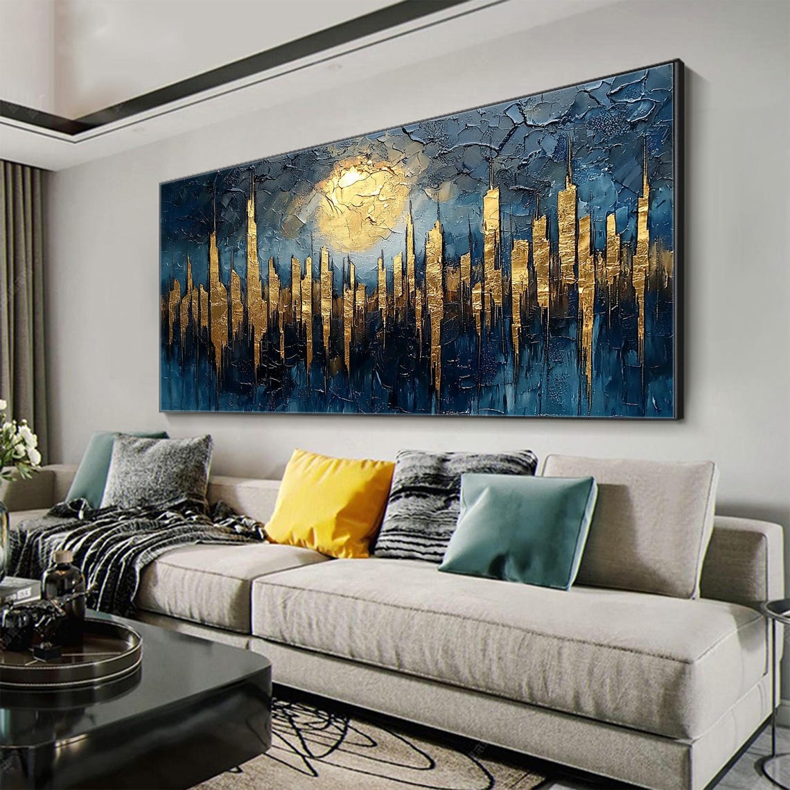 Golden City Skyline Beneath a Glowing Moon on Navy Night Poster - Image 3