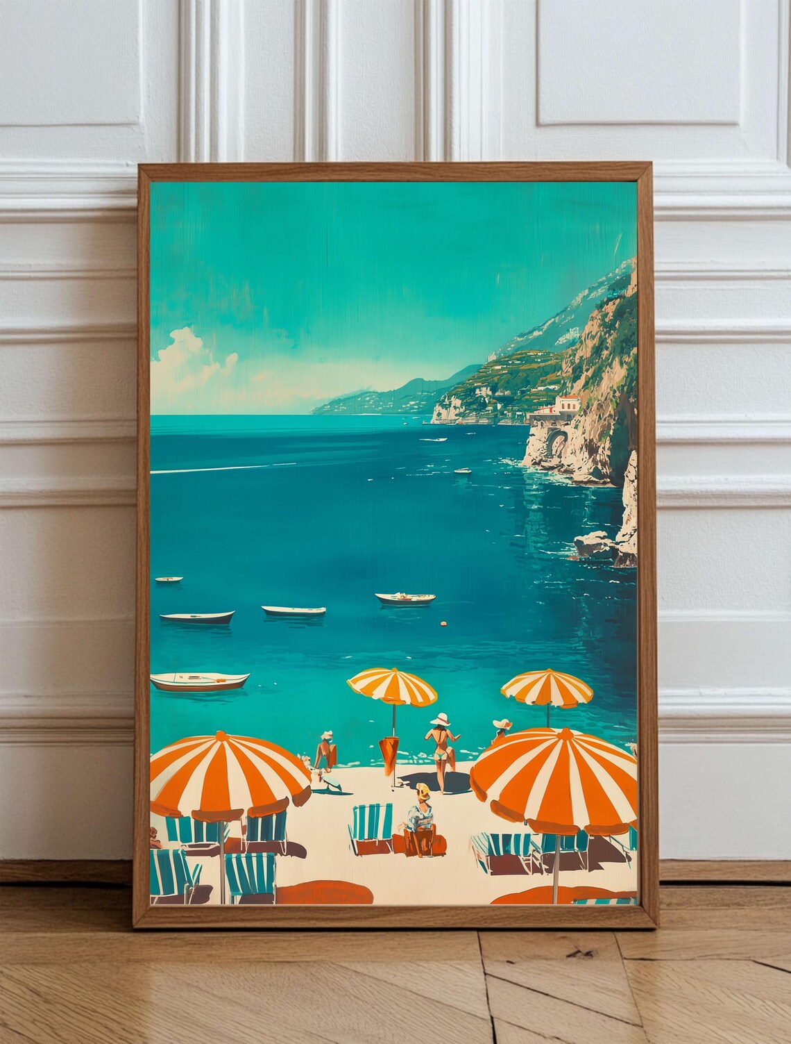 Retro Amalfi Coast Beach with Orange Umbrellas Turquoise Sea Poster