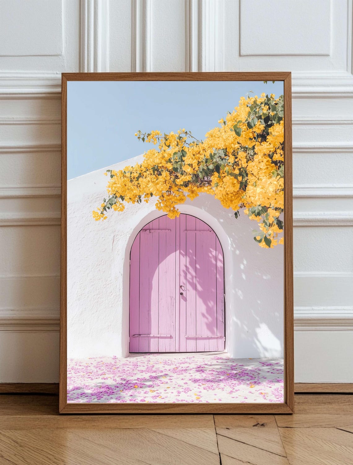 Mediterranean Pink Arched Door Watercolor Poster with Petals
