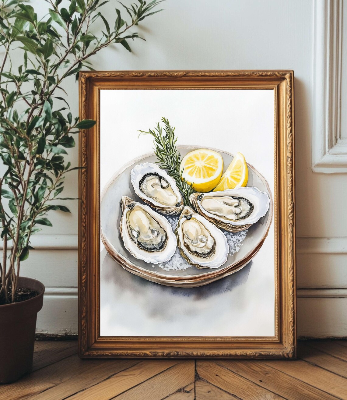 Watercolor Oysters on Ice with Lemon and Rosemary Coastal Poster