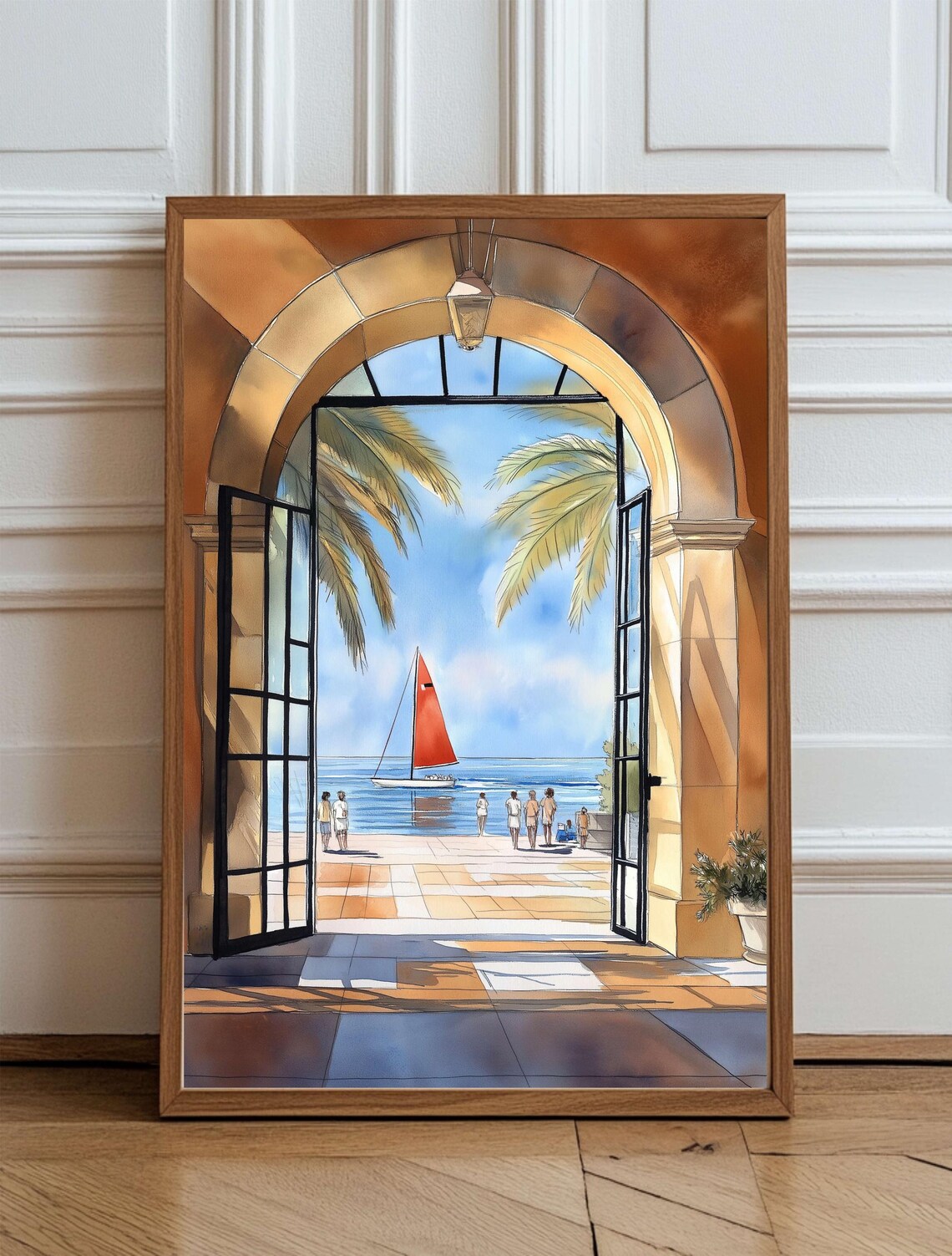 Red Sailboat Beyond Palm-Framed Archway Coastal Watercolor Poster