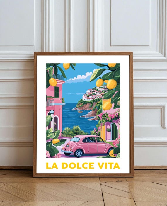 La Dolce Vita Italian Travel Art Prints Poster Vintage Italy Illustration Fiat Car Coast Kitchen Decor