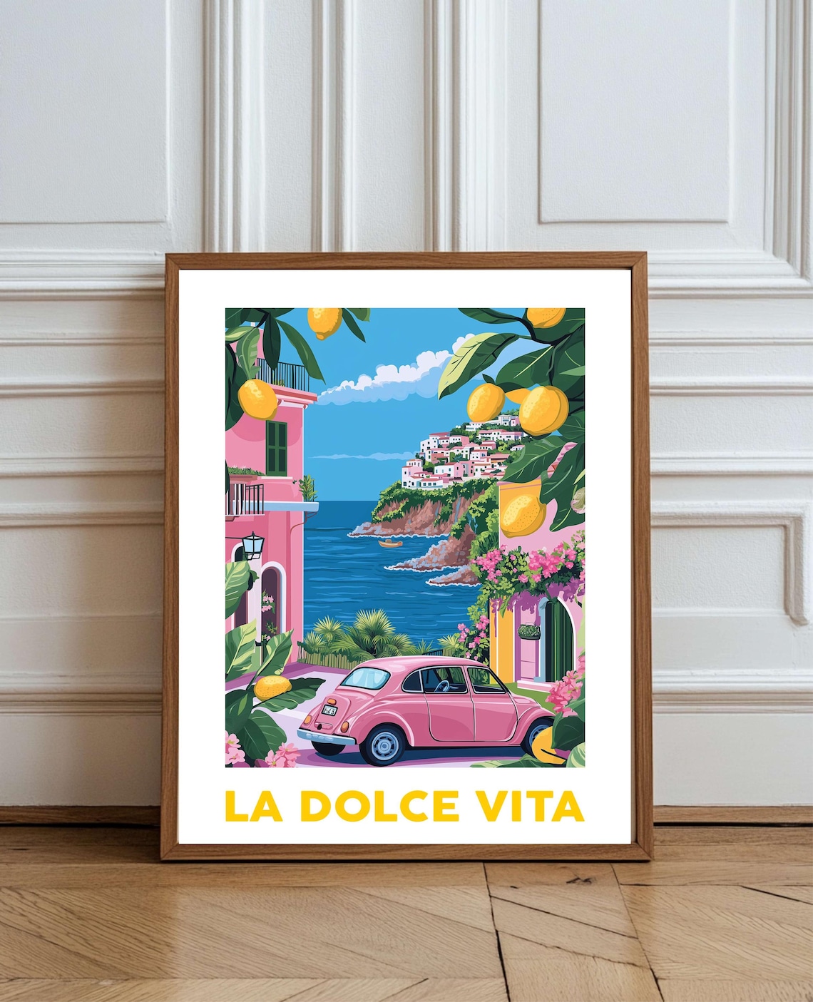 La Dolce Vita Pink Vintage Car Amalfi Coast Lemons Travel Poster