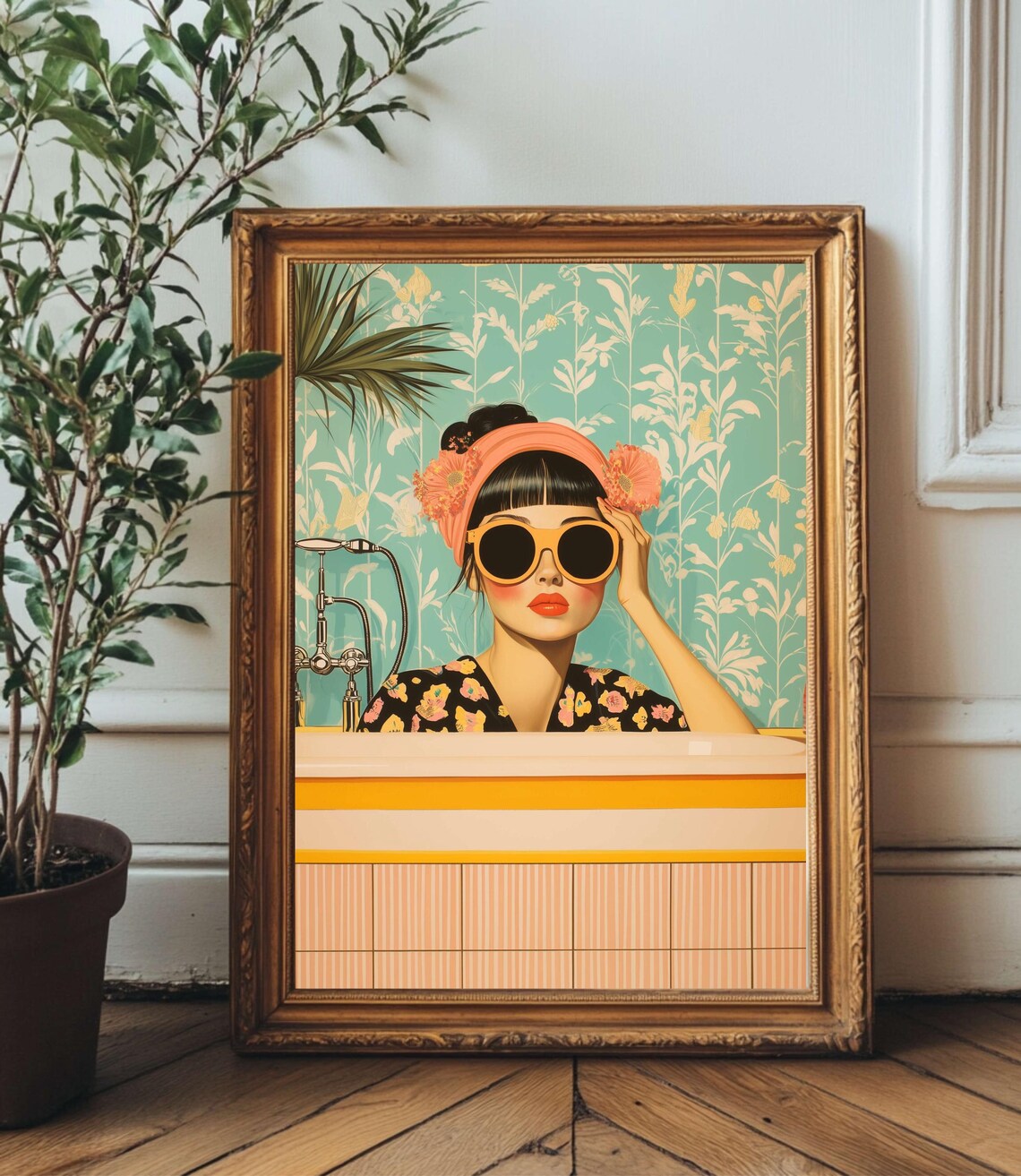 Retro Pinup Woman with Sunglasses Lounging in Bathtub Art Poster