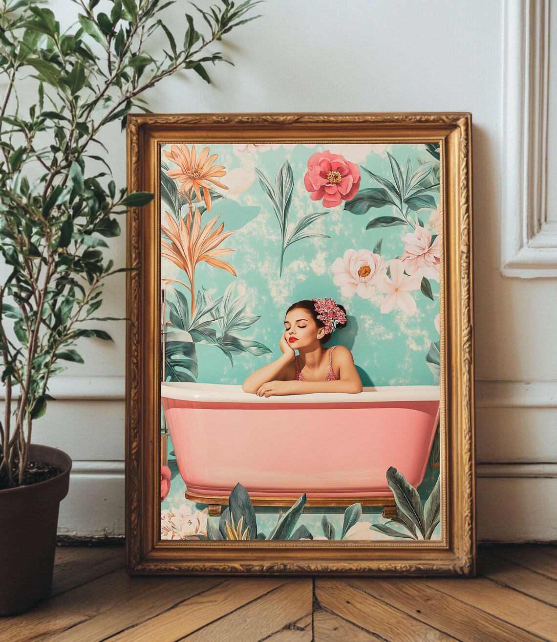 Pin-Up Woman in Pink Bathtub Floral Mural Retro Bathroom Wall Art