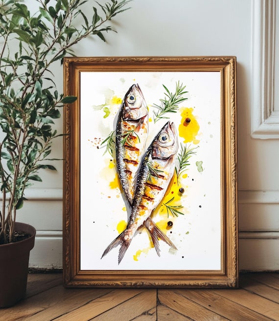 Grilled Sardines Watercolor Print Kitchen Wall Art Coastal Seafood Illustration Mediterranean Fish Decor