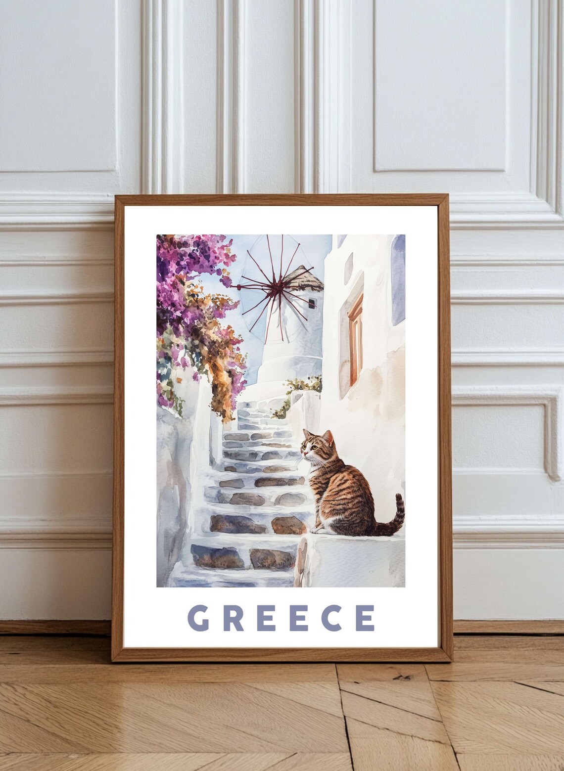 Mykonos Greece Tabby Cat on Steps With Windmill Watercolor Poster