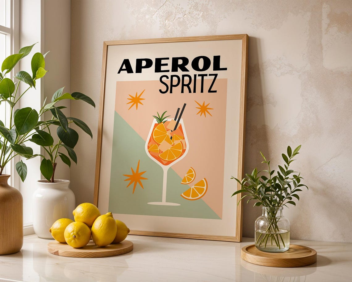 Aperol Spritz Retro Cocktail Glass Mid Century Bar Cart Wall Art - Image 2