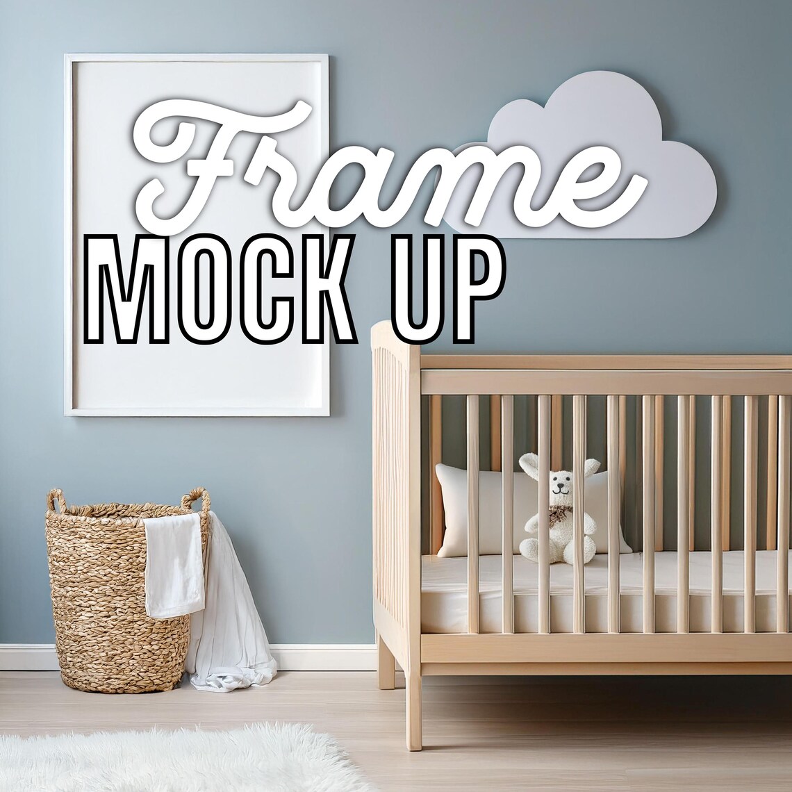 Blank Frame Mockup Nursery Crib Soft Blue Baby Room Scene Poster