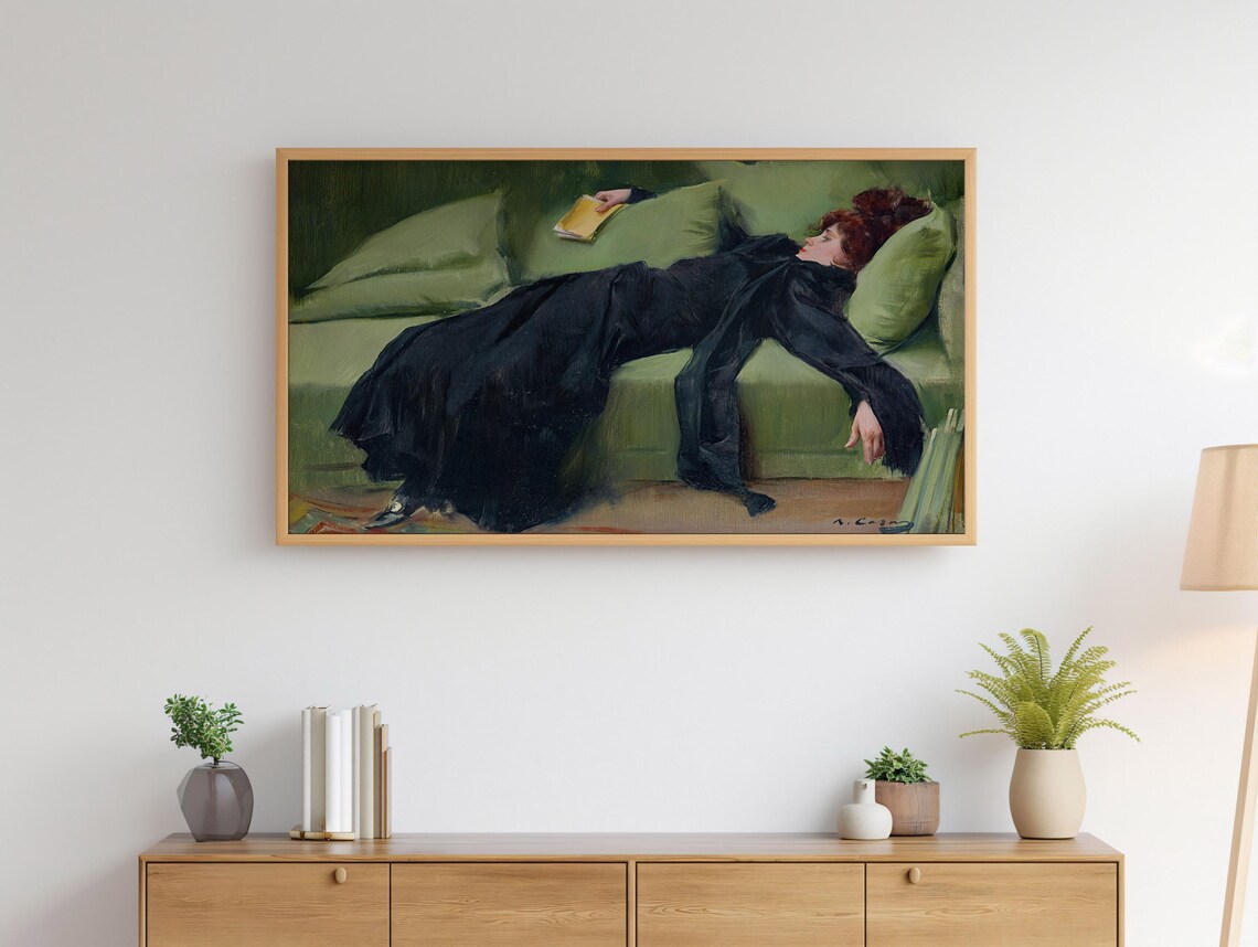 Reclining Woman Vintage Oil Painting Green Sofa Decadent Art Poster - Image 4