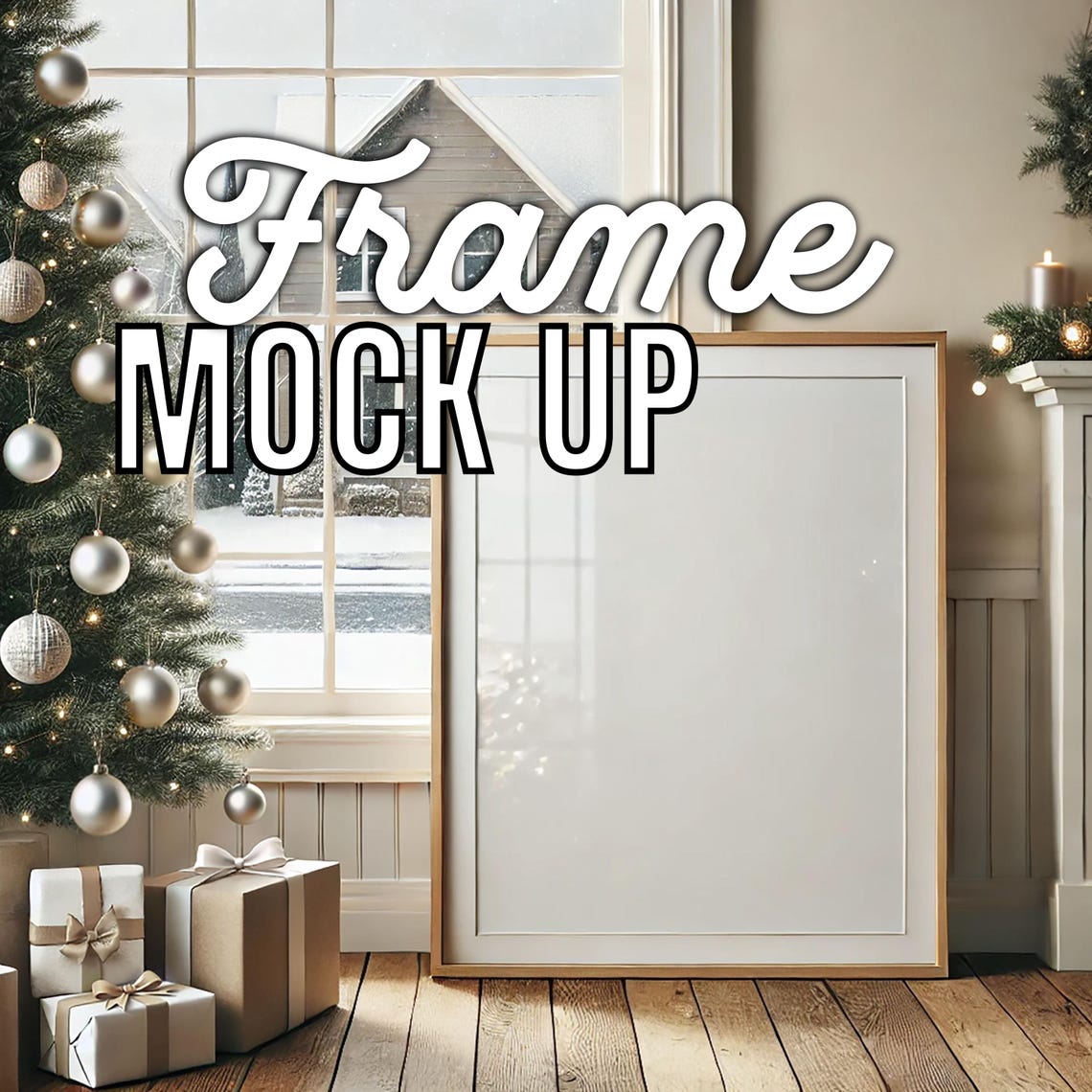 Blank Frame Mockup Christmas Tree Cozy Fireplace Scene Poster