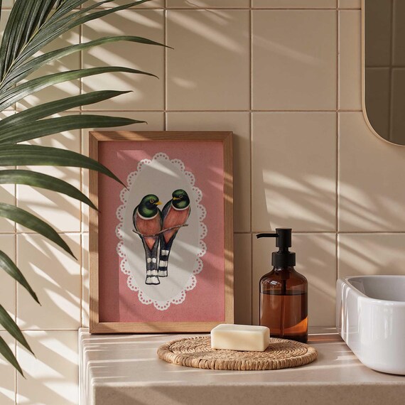 Birds Art Print Retro Eclectic Pink Illustration