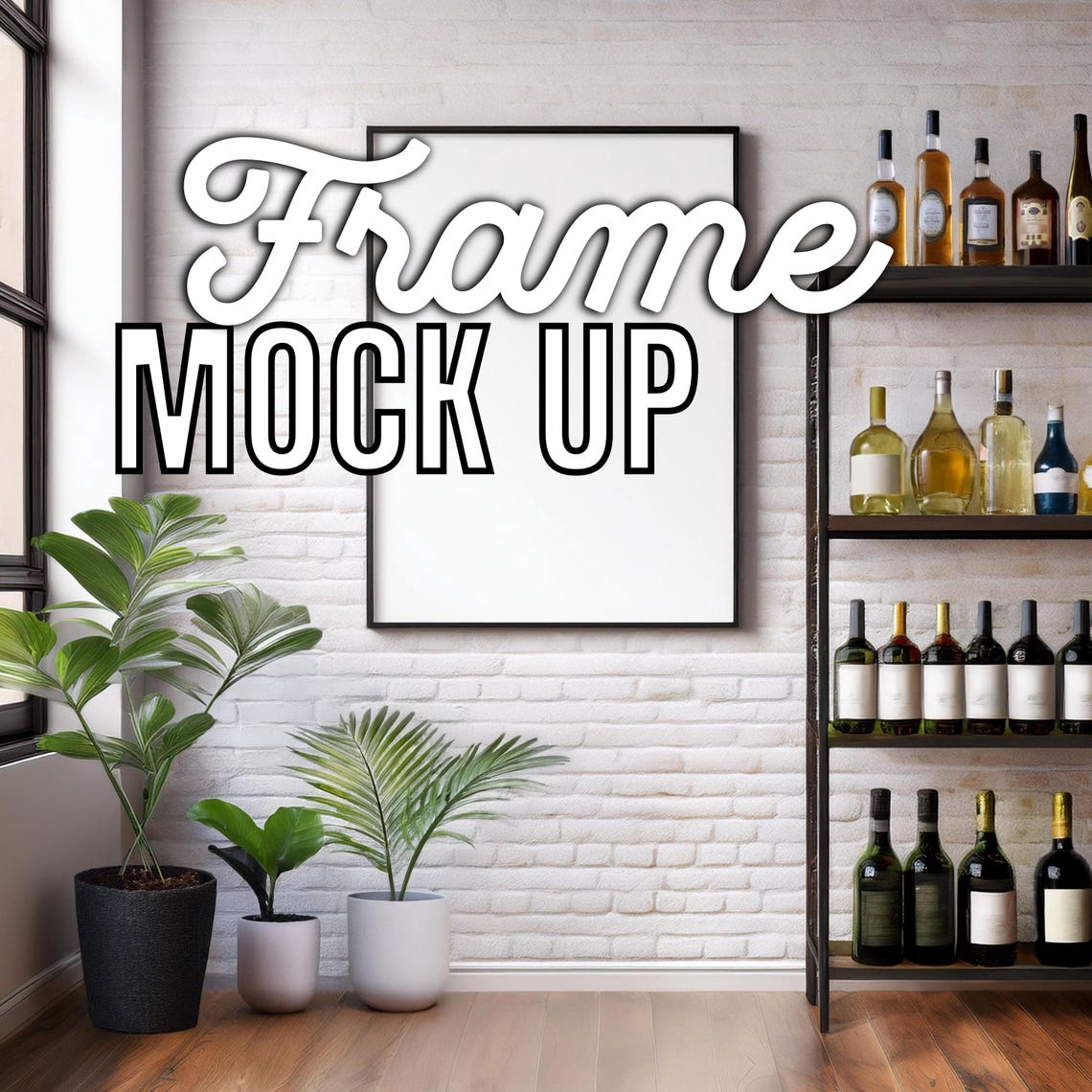 Blank Frame Mockup Bar Shelf Bottles on White Brick Wall Photo Poster