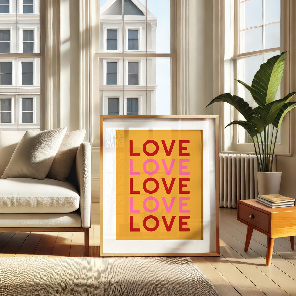 Love Repeated Bold Typography Yellow Red Pink Valentines Poster - Image 3