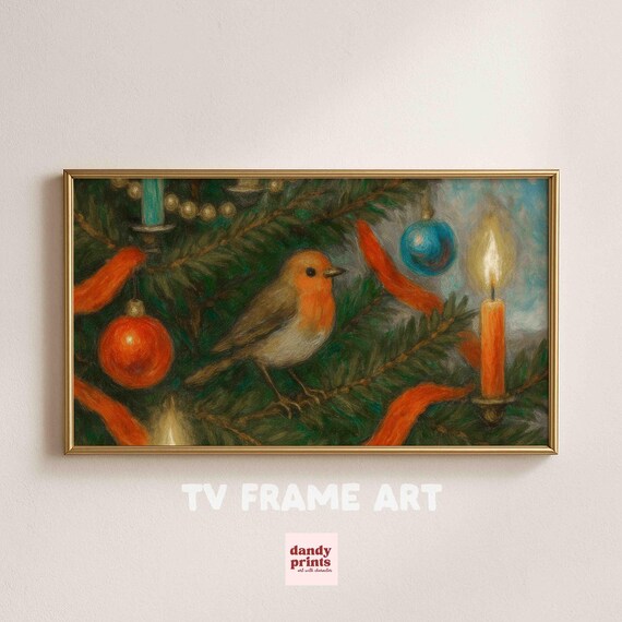 Christmas Robin Bird In Evergreen Tree Candlelight Holiday Wall Art