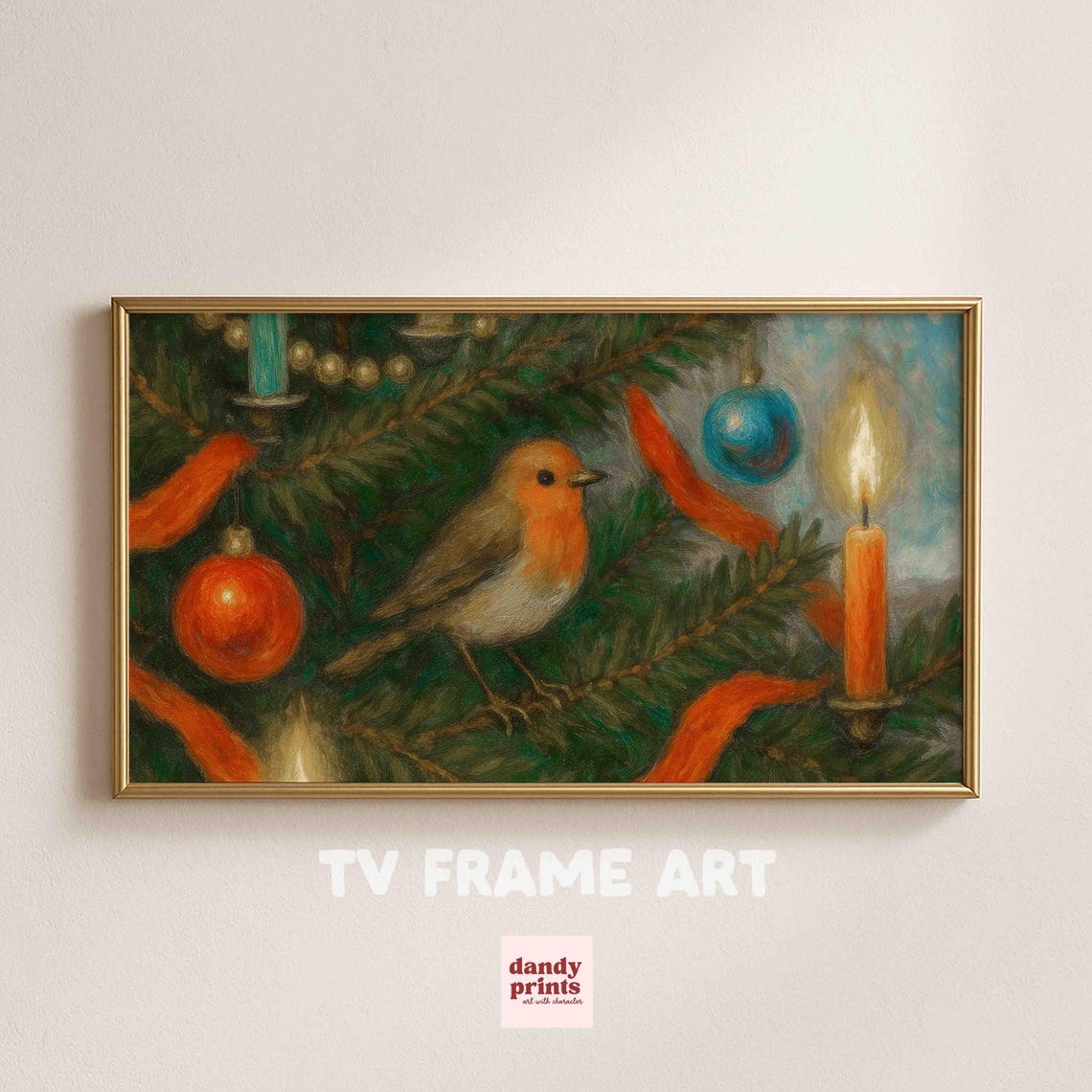 Christmas Robin Bird In Evergreen Tree Candlelight Holiday Wall Art