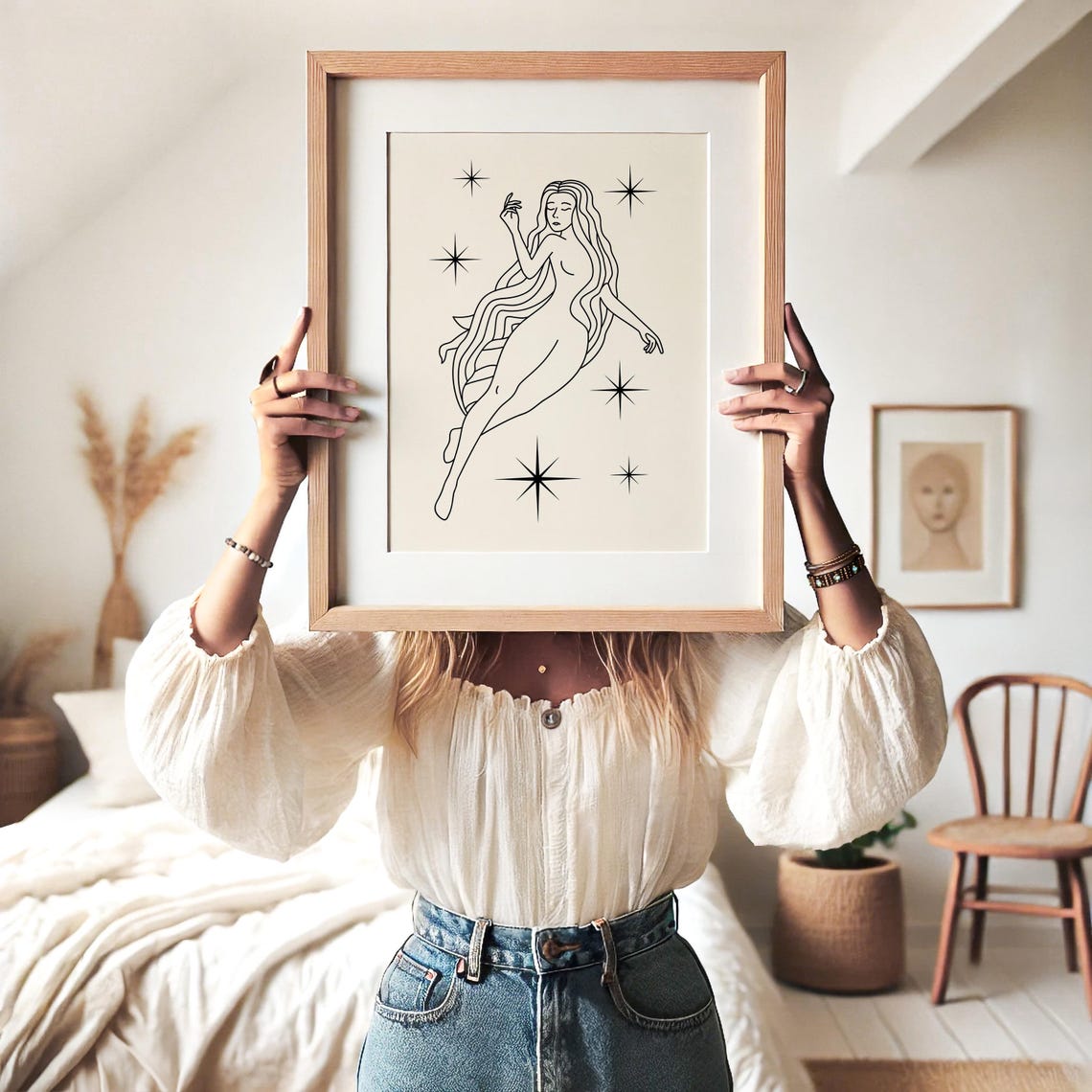 Goddess Minimalist Line Drawing Celestial Woman Stars Elegant Poster - Image 4